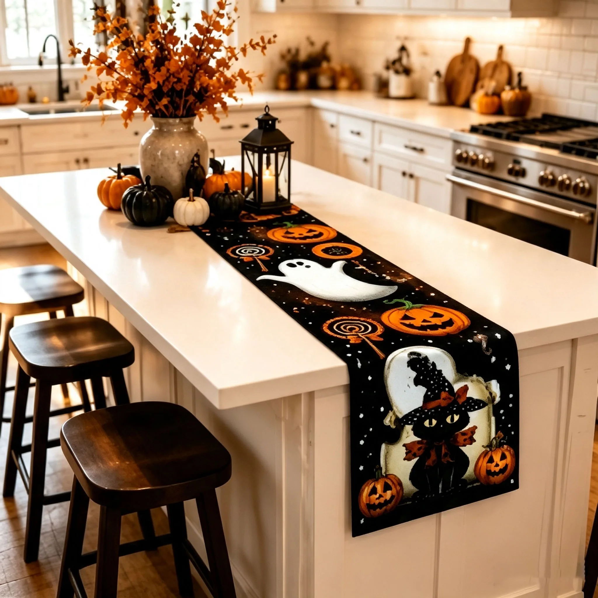Artoid Mode Polka Dot Ghost Pumpkin Cat Halloween Placemats Table Runner Seasonal Fall Table Mats for Party Kitchen Dining Decor