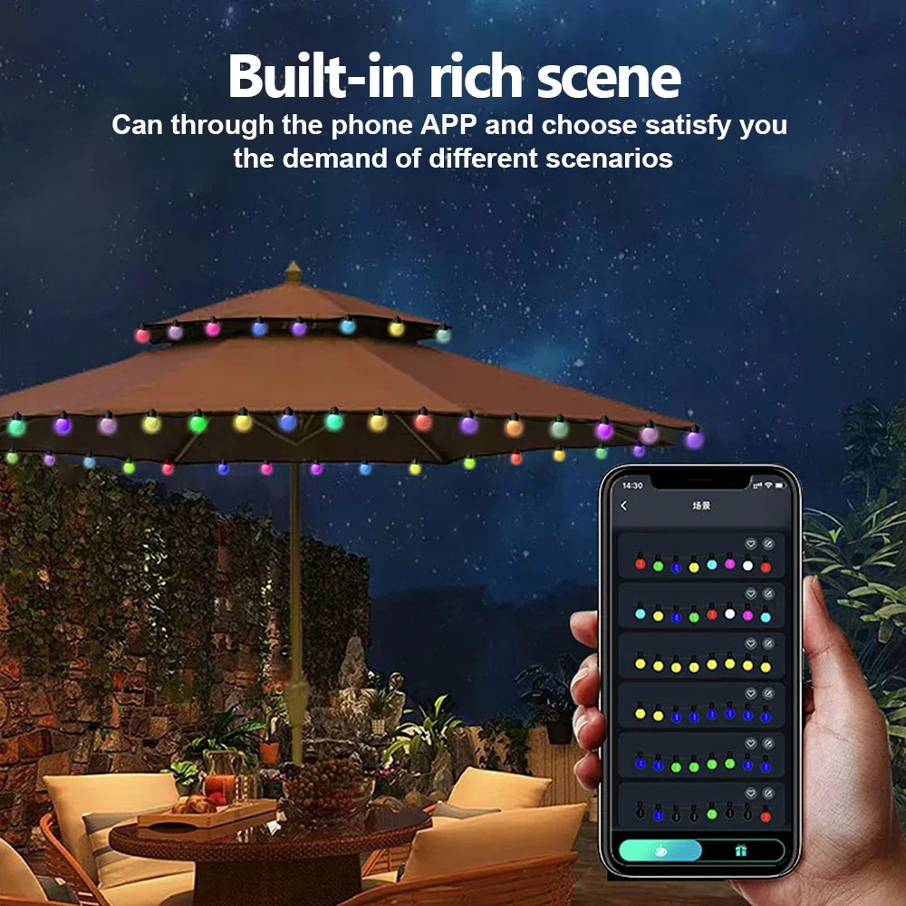 Smart APP Outdoor RGB-lichtslingers 33Ft terrasverlichting Dimbare RGB LED-lampen Kleur veranderende hanglampen voor kerstfeest