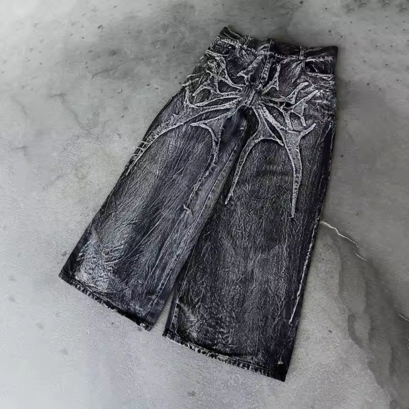 Gothic Retro Oversized Baggy Fit Unisex Mopping Pants Y2K Phantom Jeans High Street Spider Embroidered Patch Hip Hop Streetwear - Image 2