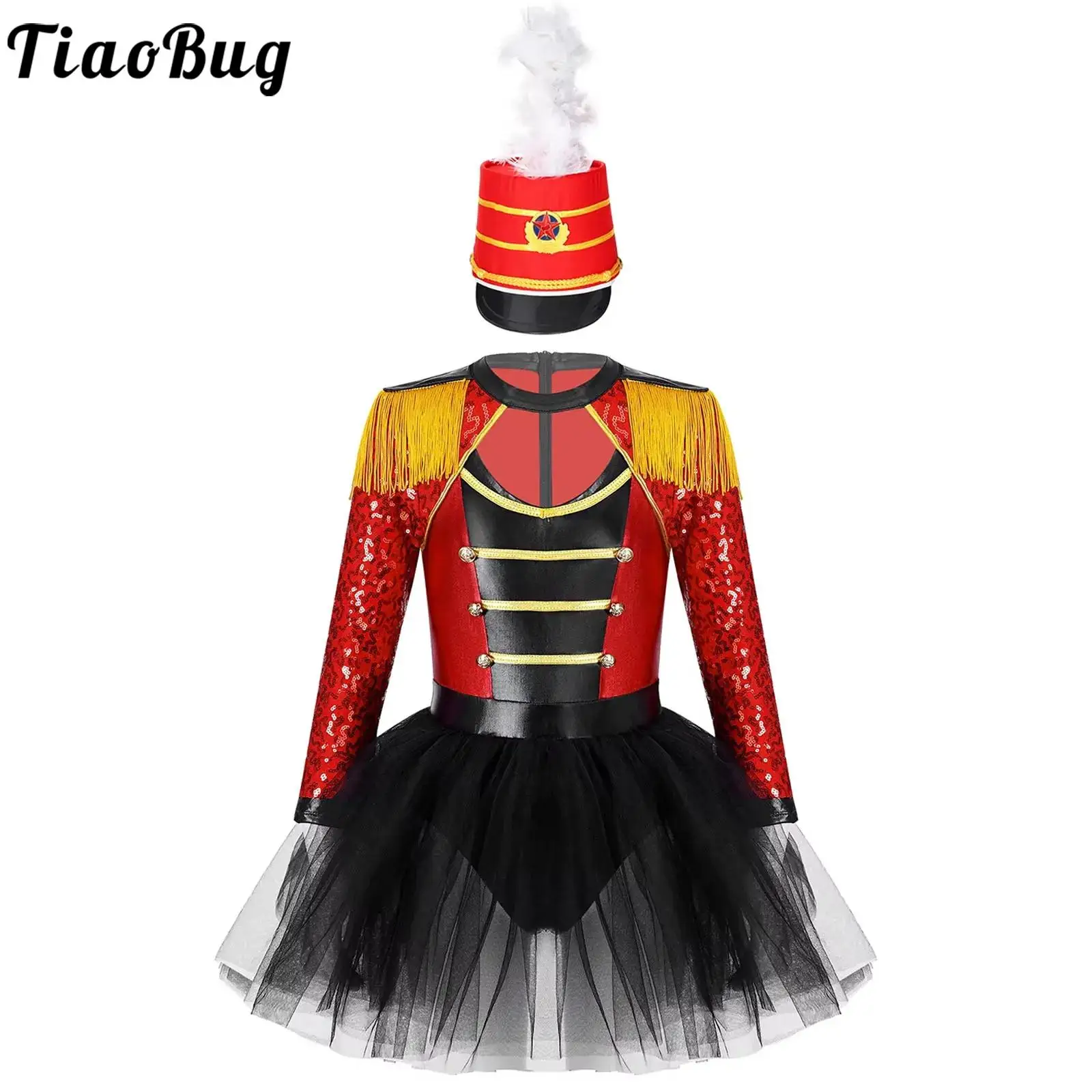 

Circus Ringmaster Costume for Kids Girl Dress Up Drum Majorette Outfits Marching Band Uniform Mesh Tulle Tutu Dress with Hat Set