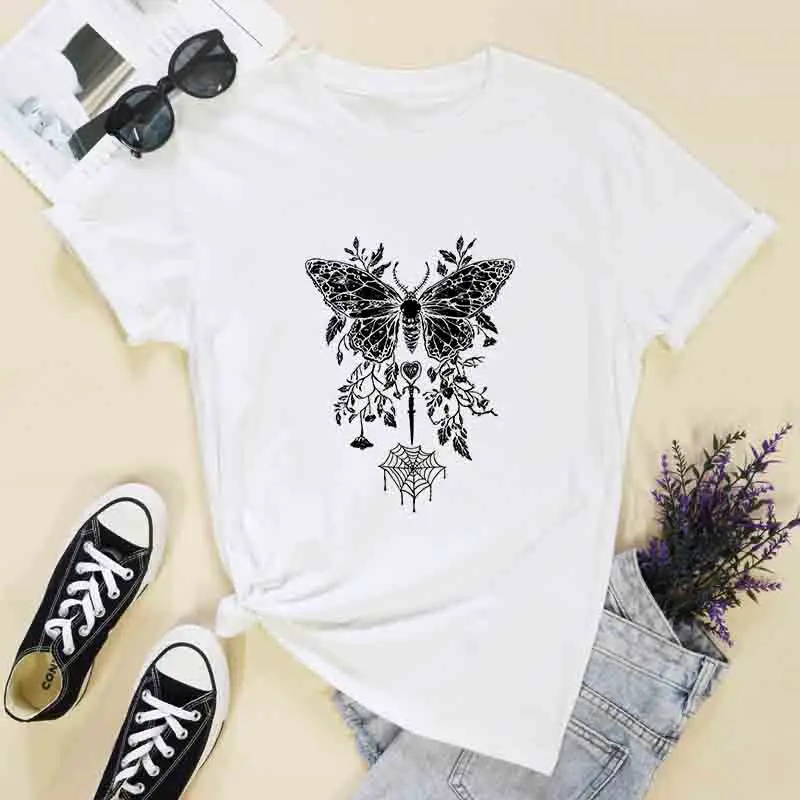 Pentagram Moth and Spider Web T-shirt, Cute Yet Eerie Y2K Pastel Gothic Style, Pastoral Dark Preppy Style Alternative Punk Style view 3