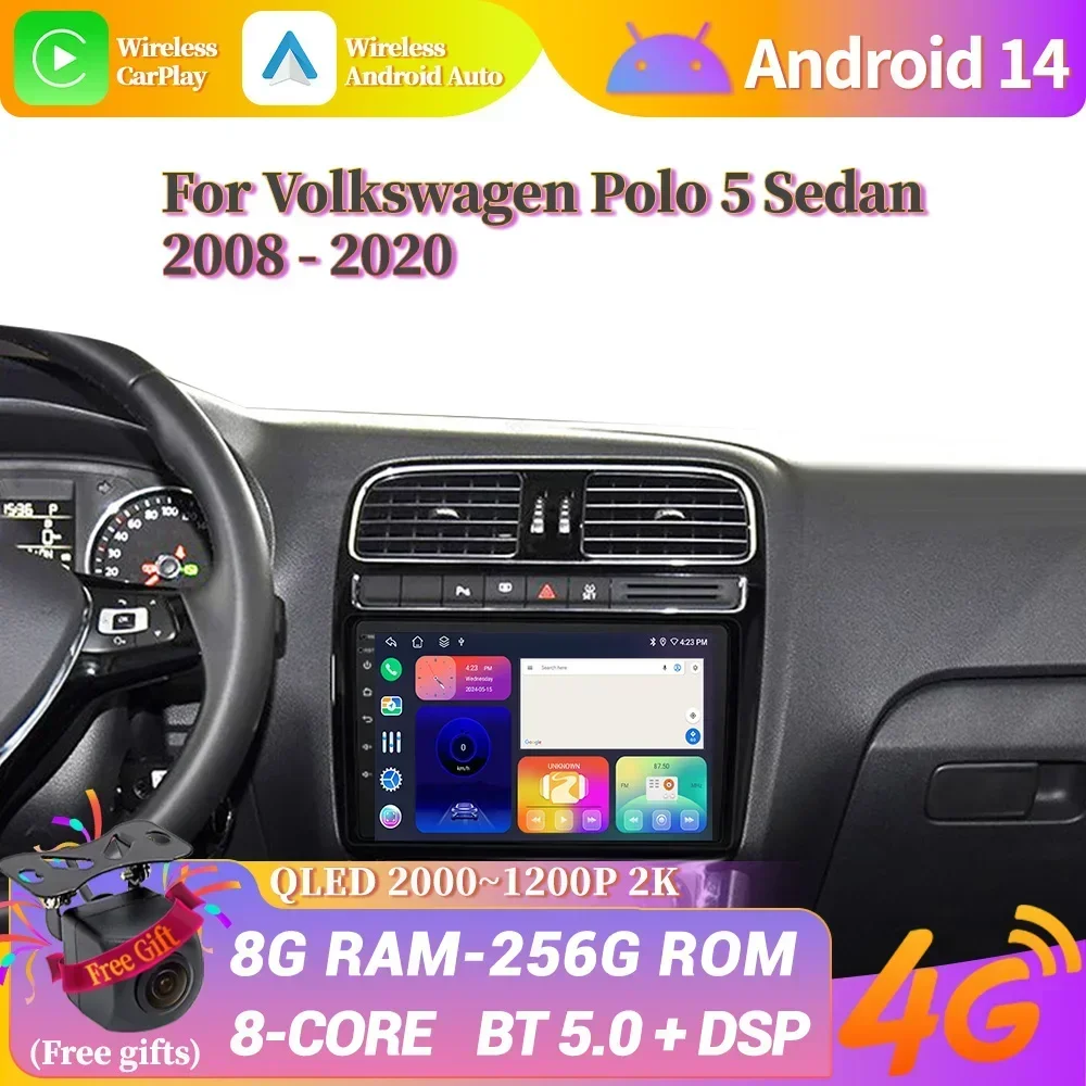 Android 14 GPS WiFi For Volkswagen Polo 5 Sedan 2008-2020 Car Radio Multimedia Bluetooth CarPlay Navigation Touch Screen Stereo