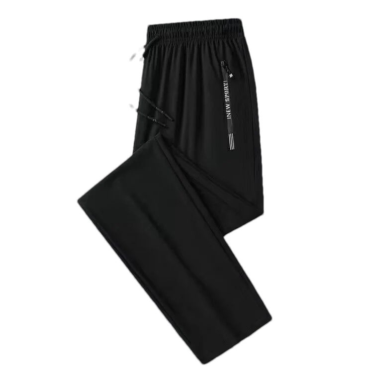 

Summer Ice Silk Large Size Men's Elastic Casual Pants Loose Sports Thin Qui Dry Straight Leg Long Trousers Polyester Fabric