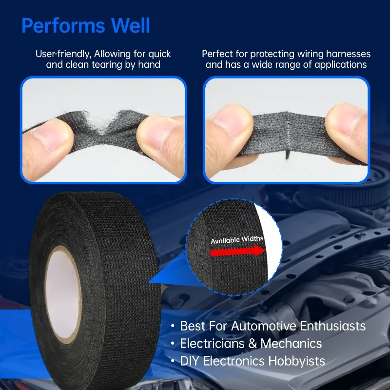 Black Heat Resistant Electrical Tape 9mm - 50mm Harness Tape Insulation Automotive Fabric Cloth Noise Resistance Adhesives Tapes