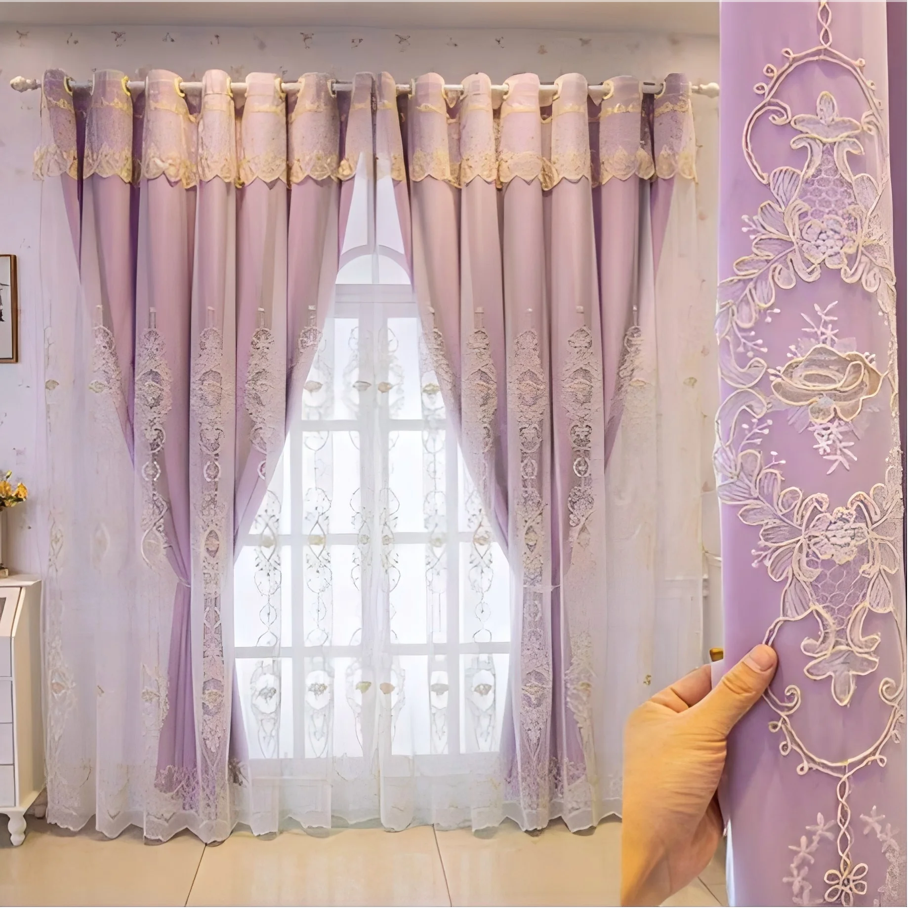 1PC European Style Purple Curtain Blackout Double Layer with Embroidery Sheer & Lace Valance All-in-One for Bedroom Living Room