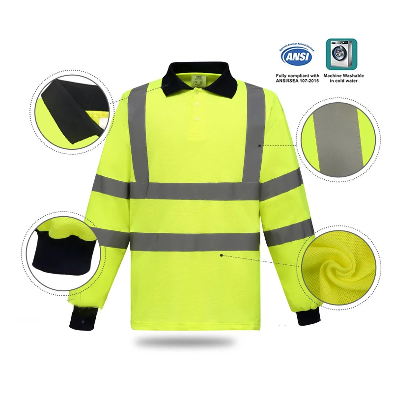 قميص بولو عالي الوضوح بأكمام طويلة تي شيرت Hi-Vis تي شيرت بأكمام طويلة قميص عمل قميص تحذير عاكس