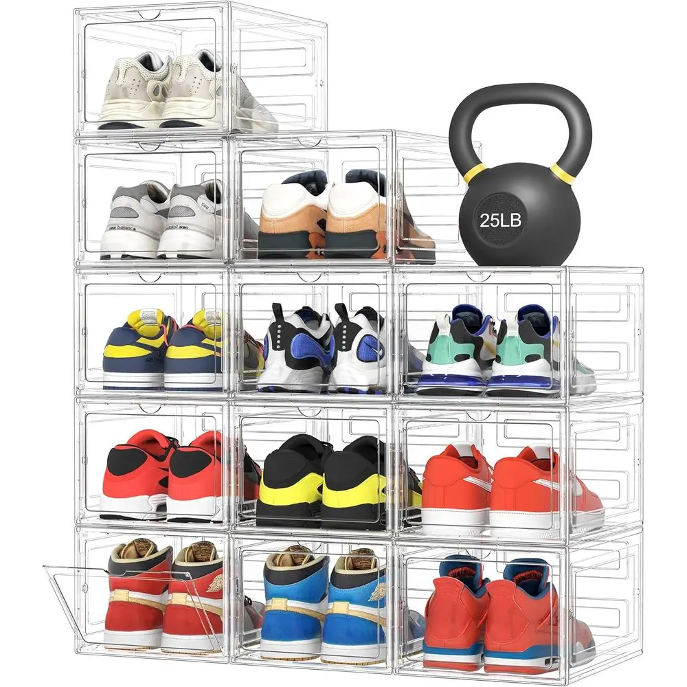 

Extra-Large Clear Plastic Shoe Storage Boxes - 12 Pack Stackable Organizers with Magnetic Doors for Shoe Display and Closet Orga