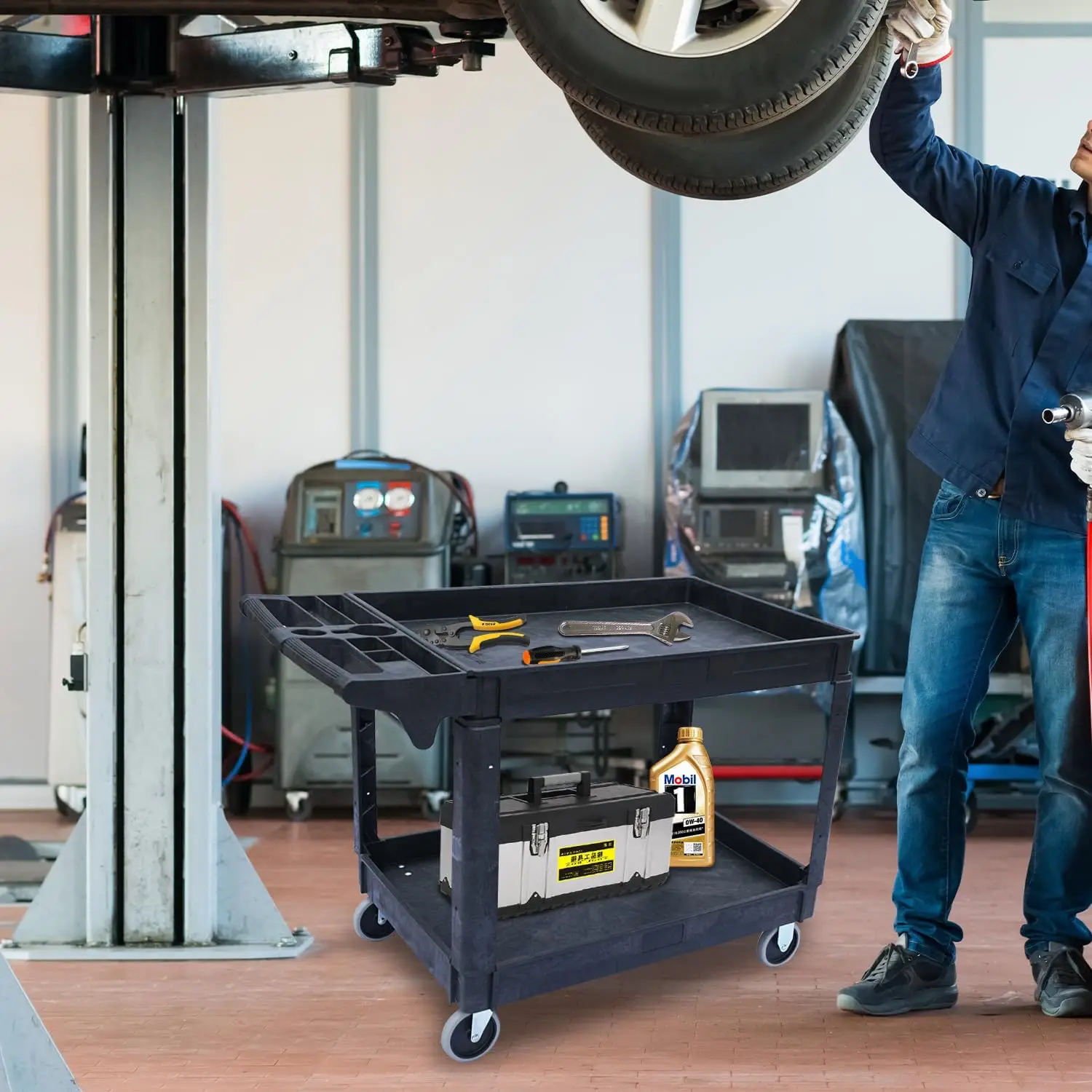 Carrello di servizio di utilità carrello da lavoro in plastica a 2 ripiani, maniglia di stoccaggio ergonomica, carrello multiuso multiuso per attrezzi