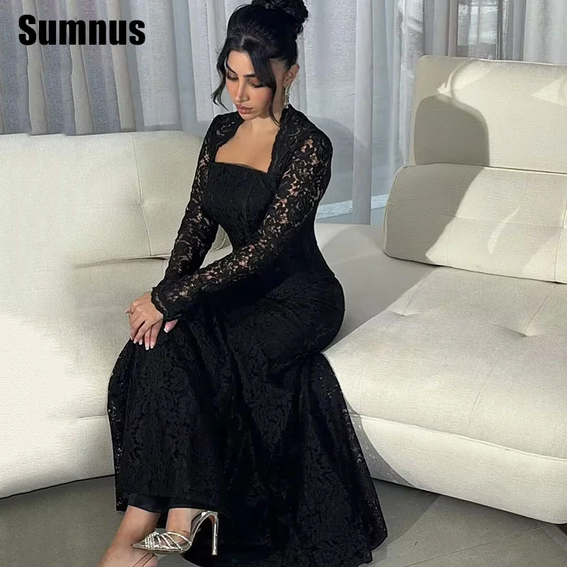 Sumnus preto sereia vestido de baile elegante mangas compridas vestidos de noite até o chão vestidos formais com renda personalizado