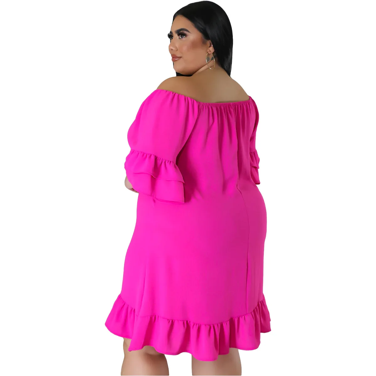 Vestido Midi de Manga Curta de Pescoço Slash, Vestidos Soltos Casuais, Ruffles, Roupas Tamanhos Grandes, Fashion, Elegante, Verão, XL-5XL, 2023