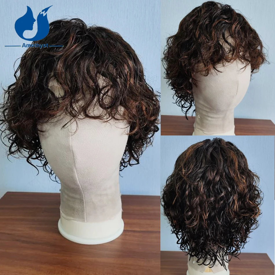 Amethyst Curly 13x6 Dark Brown Base Lace Front Wig with Highlights Pre Plucked Remy Human Hair Brazilian Style for Men Wet Look