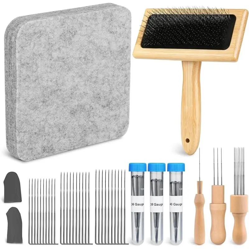 

ABUG-Wool Felted Tools Needle Felting Kit, 3 Size Felt Needles, Wool Carder Brush Finger Cots For DIY Felt Project Crafts