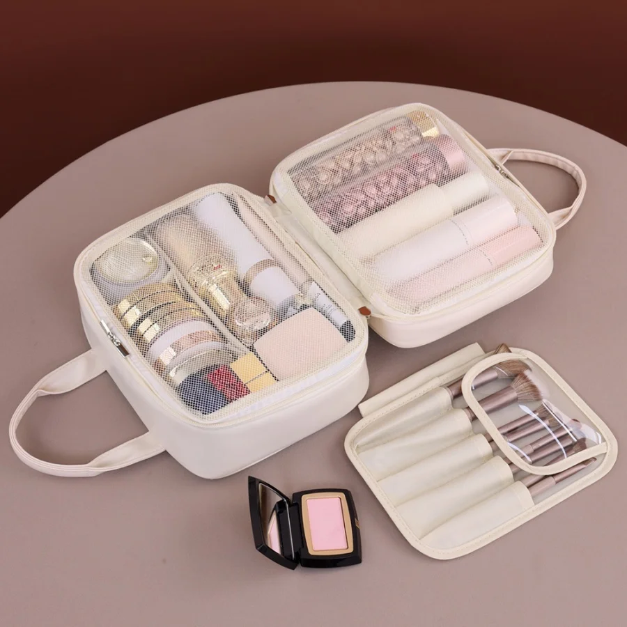 حقيبة مكياج متعددة الوظائف للنساء من جلد البولي يوريثان، سعة كبيرة، محمولة بسحاب مزدوج، فرشاة مكياج للسفر، حقيبة تخزين أدوات الزينة