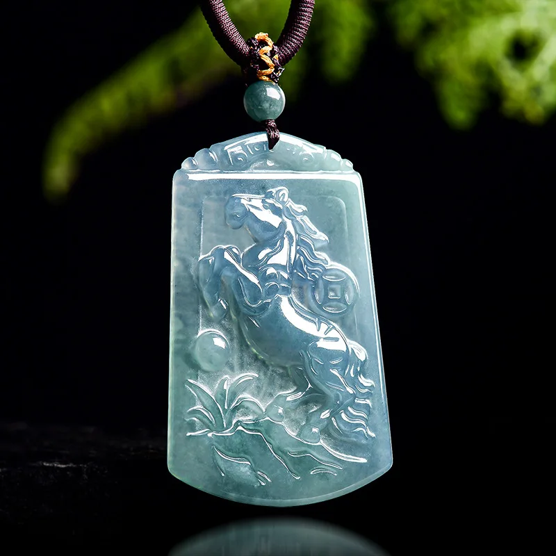 Natural A-grade Blue Water Jade Horse Pendant Zodiac Sign Necklace Ice Seed Jadeite Jewelry For Men's Charms Women's Gifts