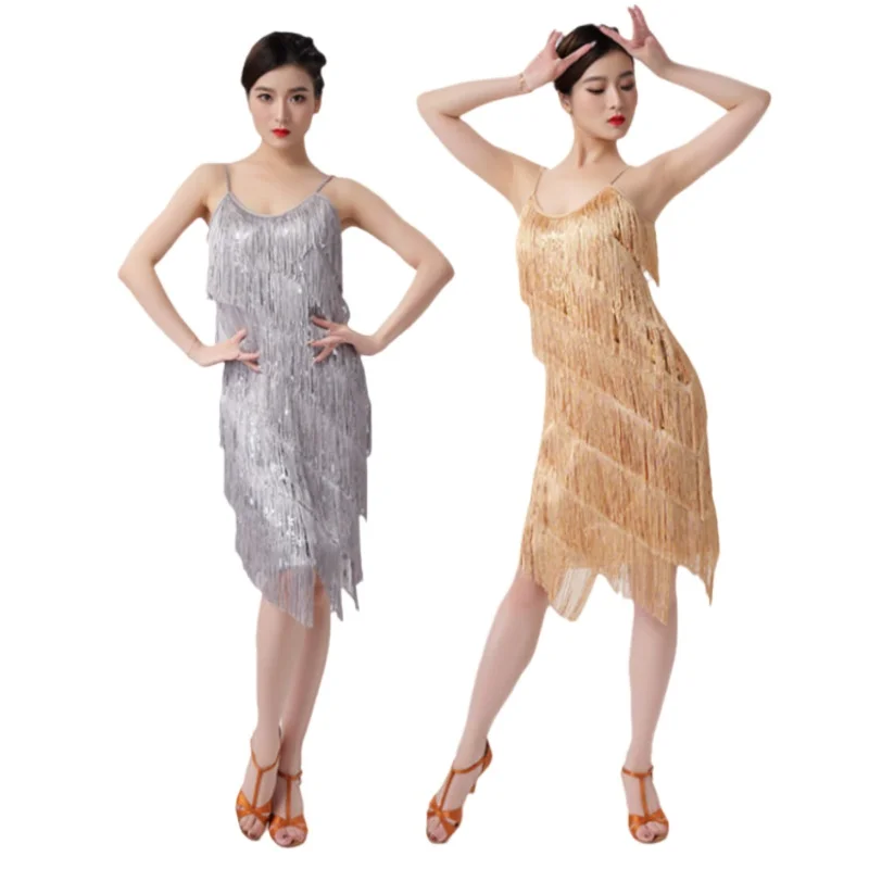 Sling Sequins Tassel Skirt V-Neck Dress Latin Dance Dress Dance Suit Stage Performance Competition Suit