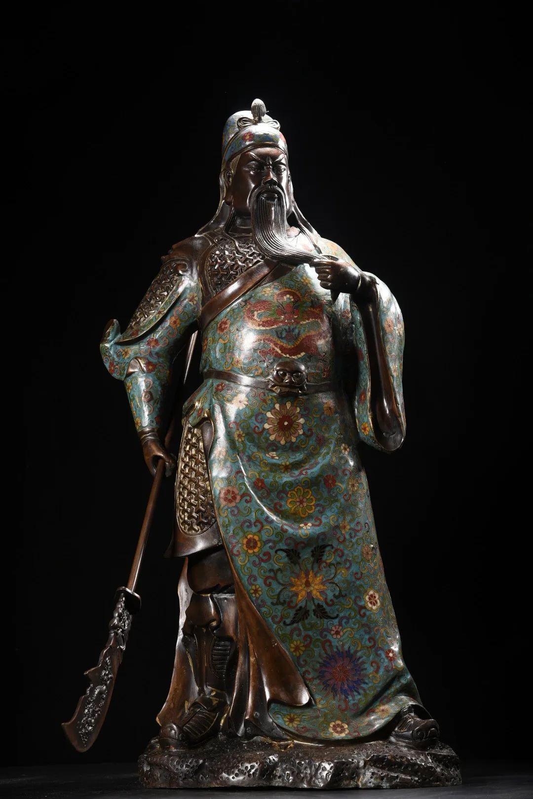 Nepalese folk Bronze Cloisonne Enamel floral pattern Guan Gong Statue  Guanyu Bodhisattva Door God Station Buddha Amass wealth