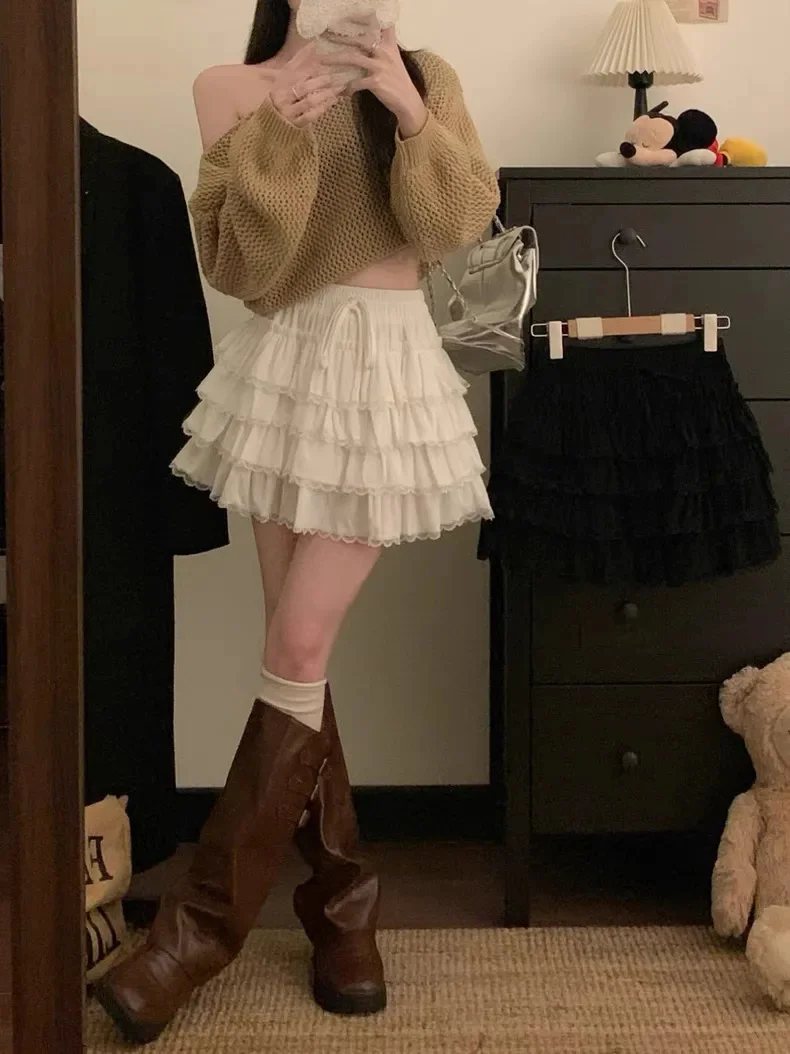 Sweet Lace Patchwork Cake Skirt Women 2025 New Lace Up Waisted Slim Fit A-line Mini Skirts Simple Solid Versatile Skort