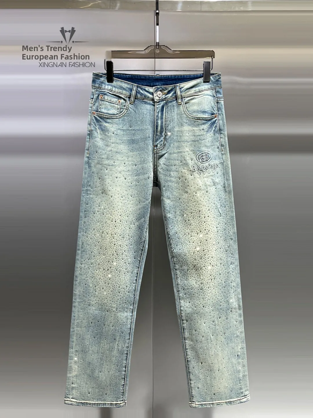 

Trendy Men's Straight Leg Jeans with Rhinestone Letter Print Spring 2026 New Sle Casual Comfortable Loose Fit Long Pants