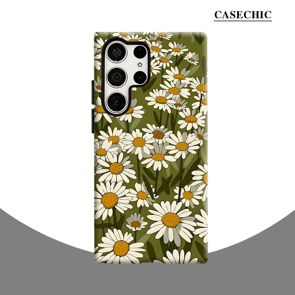 Daisy Field Green Phone Case for Samsung Galaxy S26 S25 Ultra S24 S23 Ultra Plus Shockproof Double layer tough Back Cover