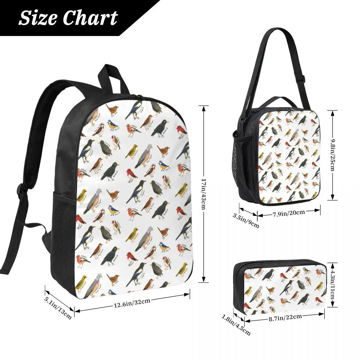 British Garden Birds Backpack Student Boys Girls BookBag School Bag Laptop Shoulder Bags 3ps Insulated Lunch Bag Pencil Case