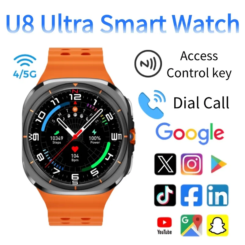 

Smart U8 SmartWatch Ultimate 4G 5G SIM-карта Видеозвонок GPS Компас WIFI Поворотная камера Международный вызов Аккумулятор 1480 мАч