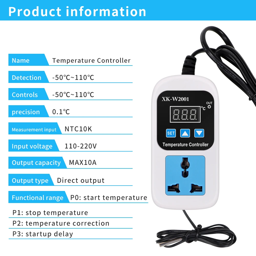 XK-W2001 Socket Thermostat Digital Temperature Controller Socket Outlet 110V 220V NTC Sensor Probe Heating Cooling EU Plug