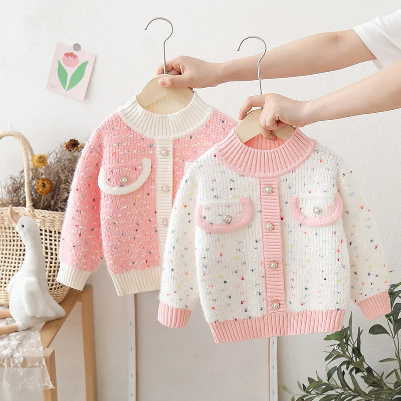 

Girls Colorful Polka Dot Pullover Patchwork Sweaters Baby Girl Autum Comfortable Soft Versatile Knitted Tops with Buttun IY06301
