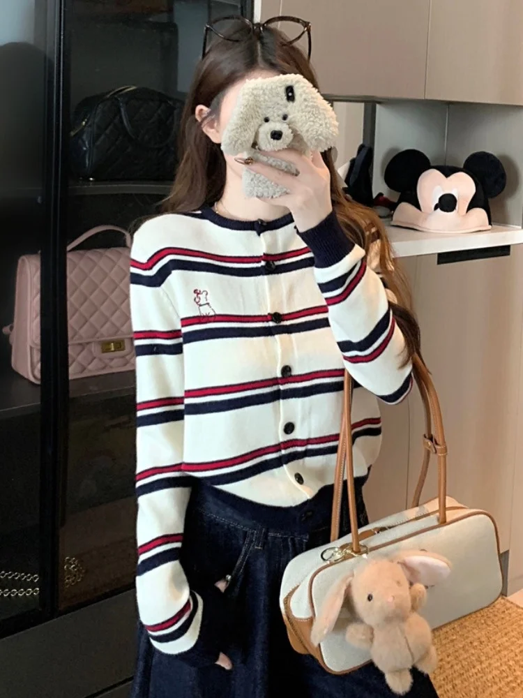 

Retro Embroidered Color Block Striped Knitted Cardigan Women's Spring Autumn Loose Short Sweater Top Soft Cozy Fashionable