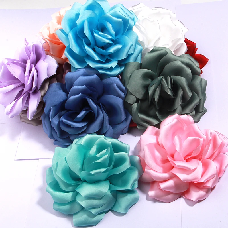 10 sztuk 14cm Vintage sztuczny kwiat akcesoria do sukienki odzież DIY rozeta tkanina jedwabna organza koronkowe satynowe kwiaty dziewczyna dziecko