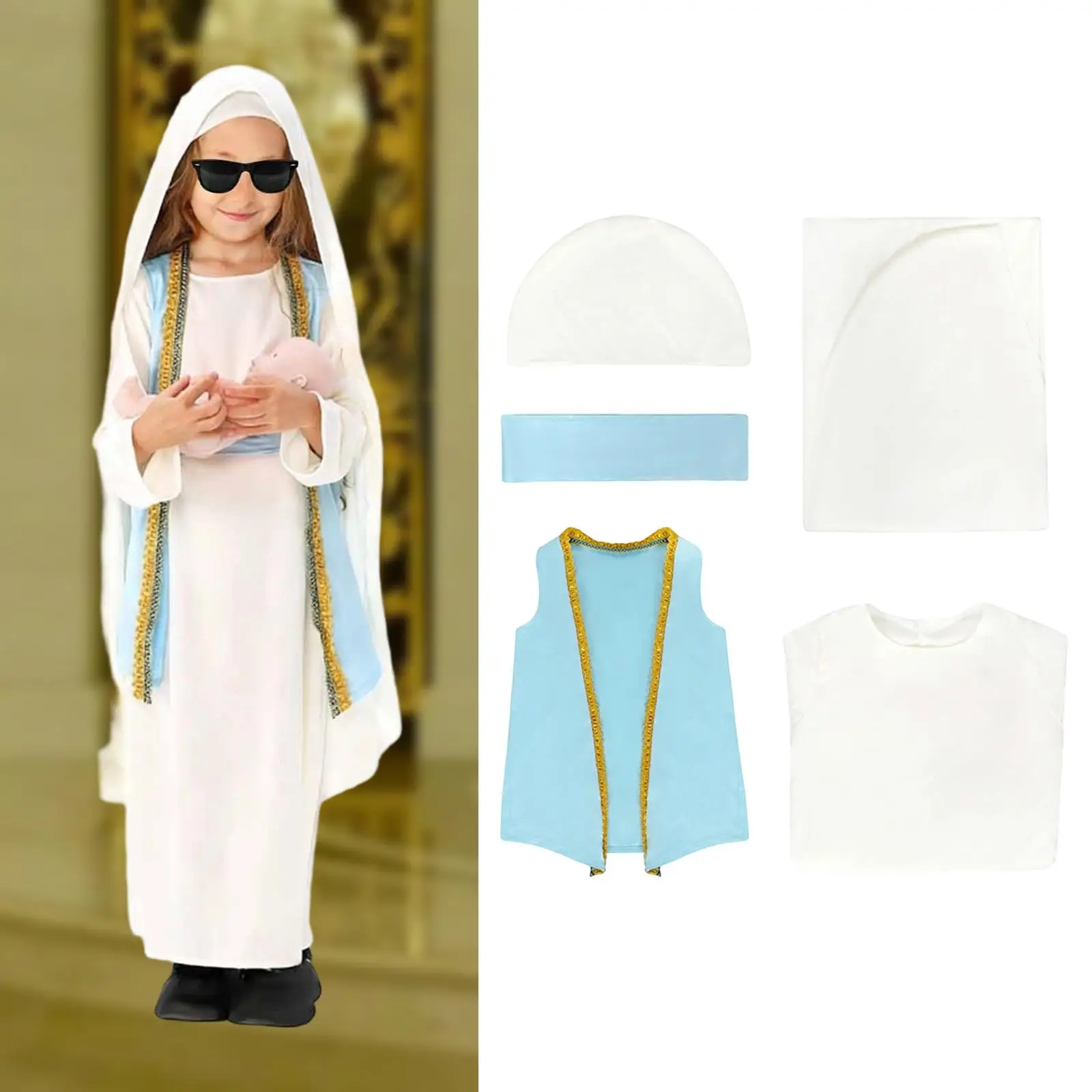 Disfraces de la Virgen María para niños, tocado, cinturón, bata para fiesta