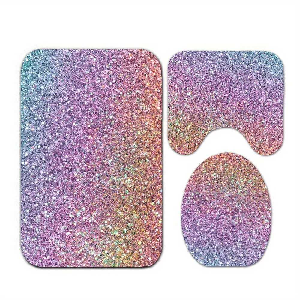 

Набор ковриков для ванной комнаты с радужным блеском, 3 предмета: нескользящий мягкий коврик для ванной, чехол для унитаза, U-образный коврик, декор для дома