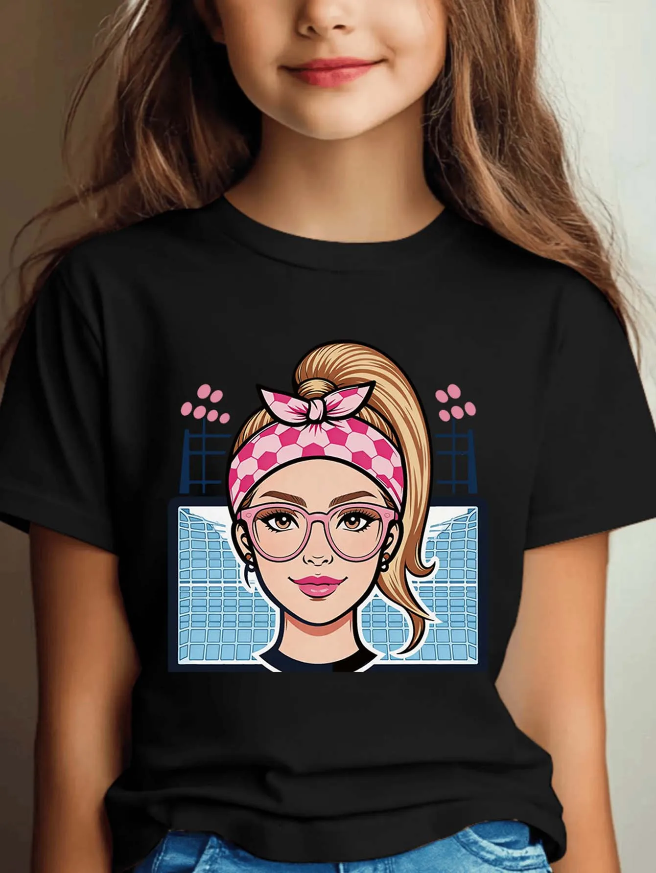 Cute Soccer Girl Character Print Graphic Kids Tee Boys Girls Family Matching Cotton Crew Neck Short Sleeve Soft Summer Tee