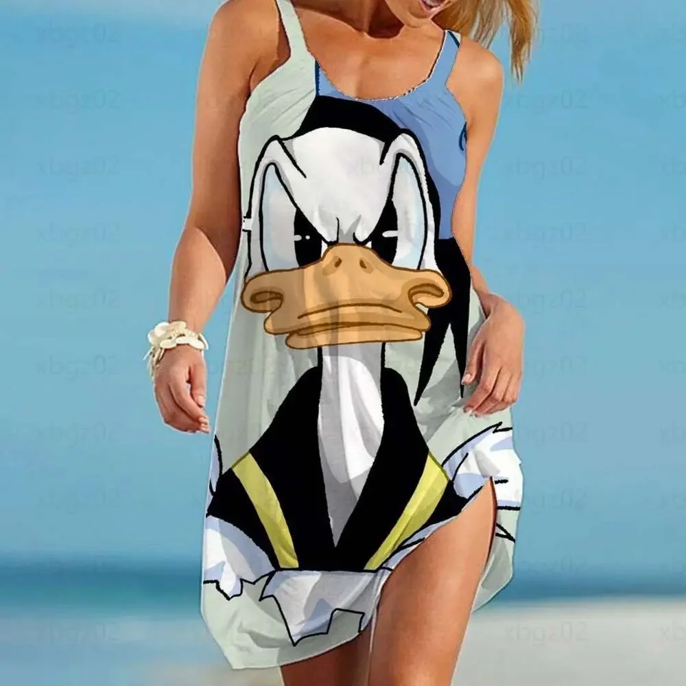 Women\'s Dress Elegant Dresses for Women 2024 Party Boho Cartoon Disney Loose Sling Sleeveless Donald Duck Sexy Printed Boho Top