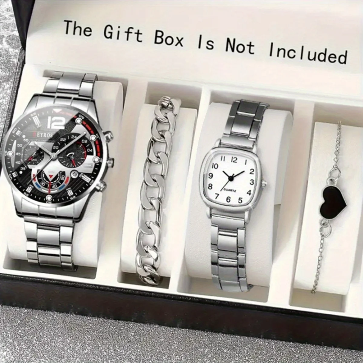 4pcs/set Couple Watches ，Quartz Watch Date Display Men's Wrist Watch， Alloy Strap Round Square Dial Watches for Men