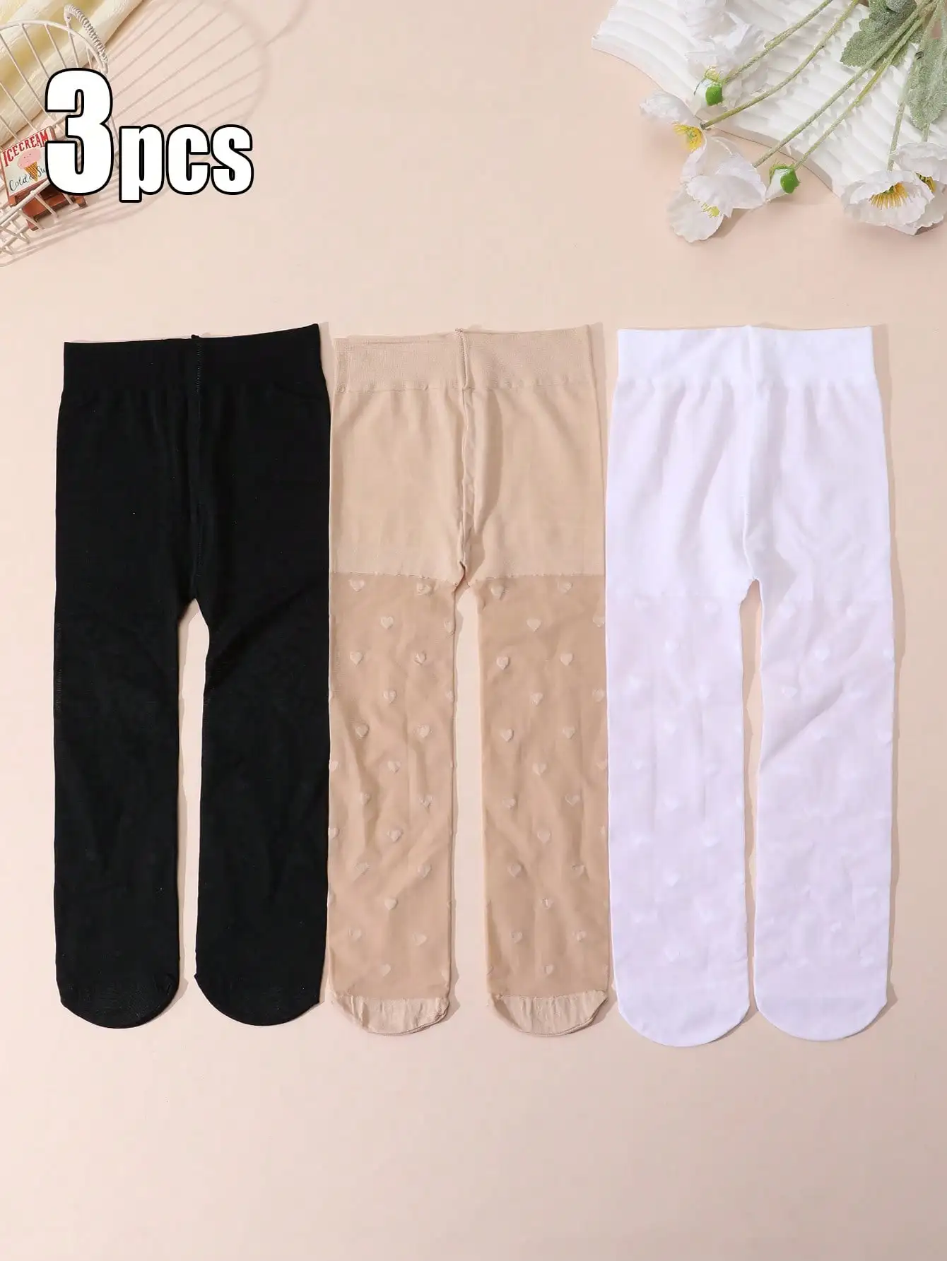 3Pcs Toddler Girls Cute Heart Print Tights Elastic Breathable Sheer Nylon Pantyhose For Lolita Outfits, Parties & School Wear
