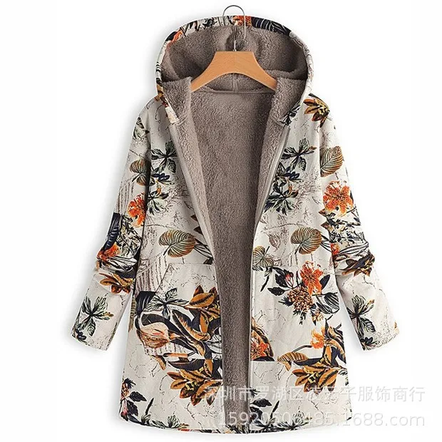 Floral Hooded  Women Vintage Jacket Outwear Warm Overcoat Vintage Floral Print Long Sleeve Outwear Winter Jackets Coats