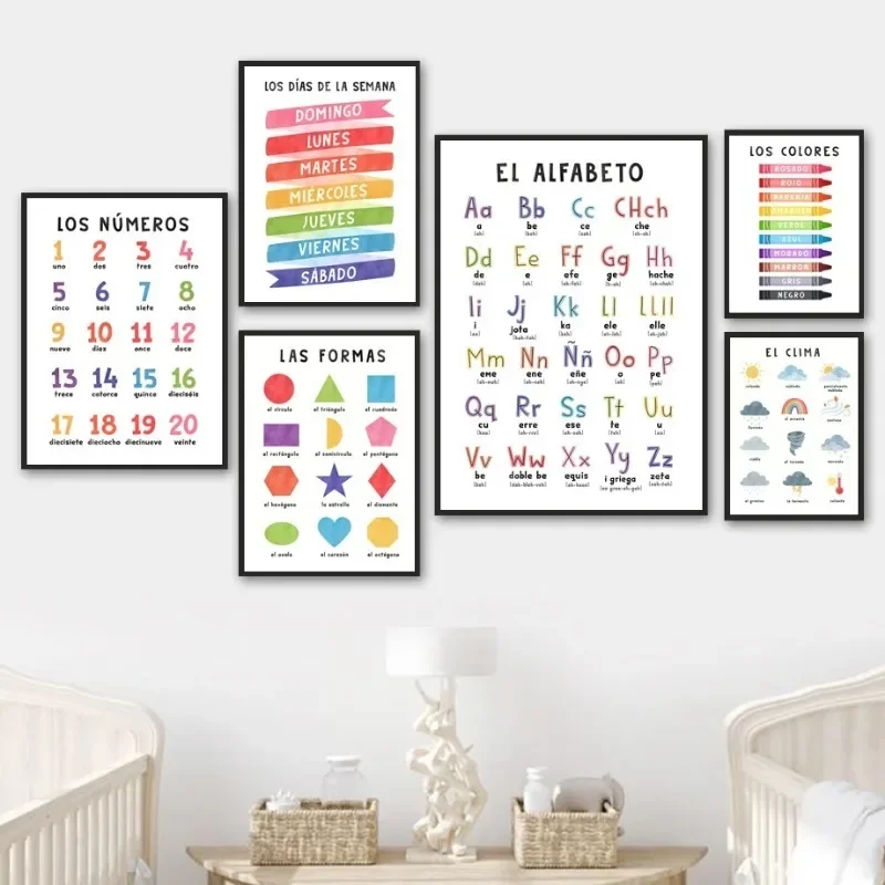 Affiches éducatives d'art mural avec chiffres et météo de l'alphabet espagnol, peinture sur toile imprimée minimaliste pour décoration de maison moderne