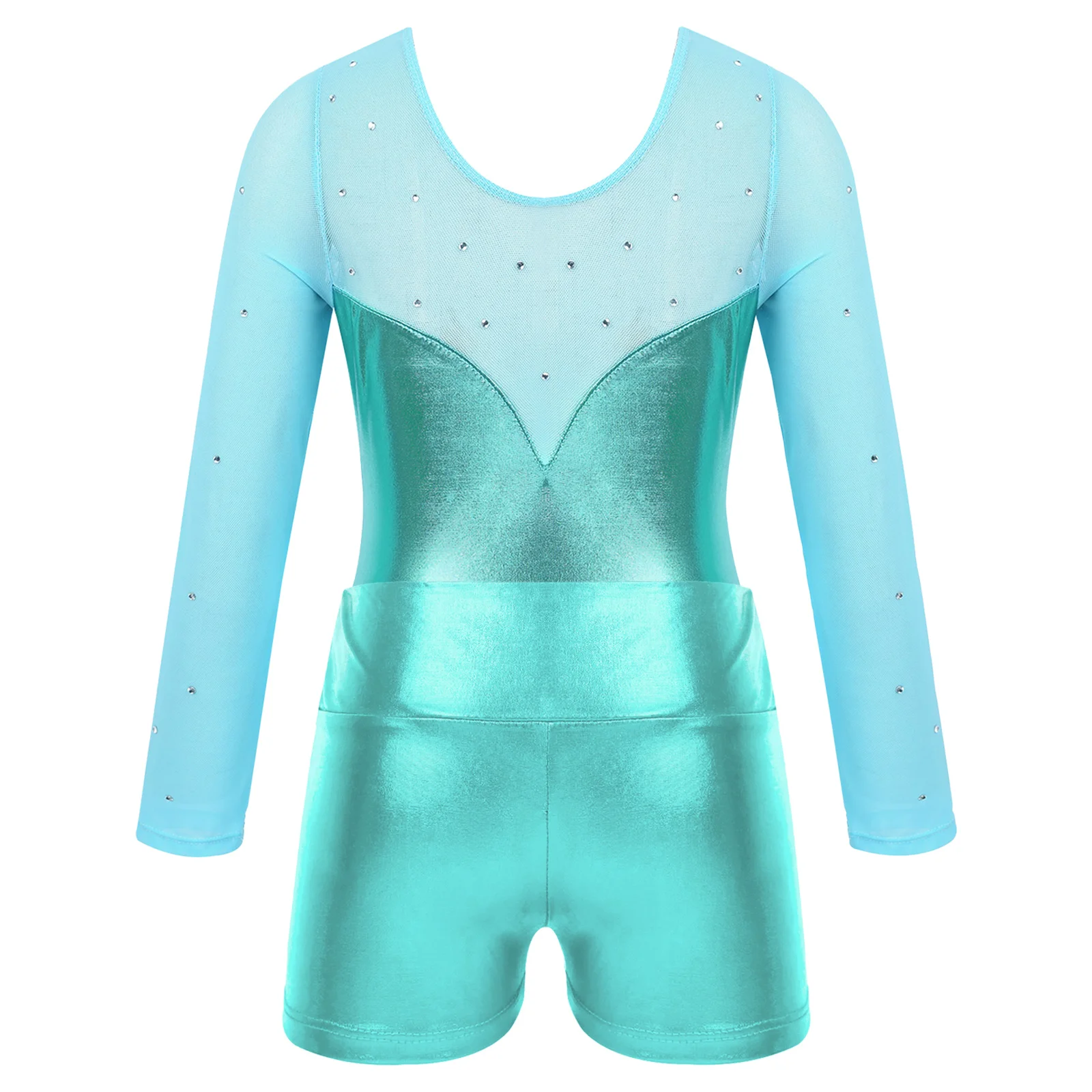 Kids Metallic Long Sleeve Ballet Gymnastics Leotard with Shorts Ballerina Gymnastic Bodysuit for Girl Performance Dance Wear