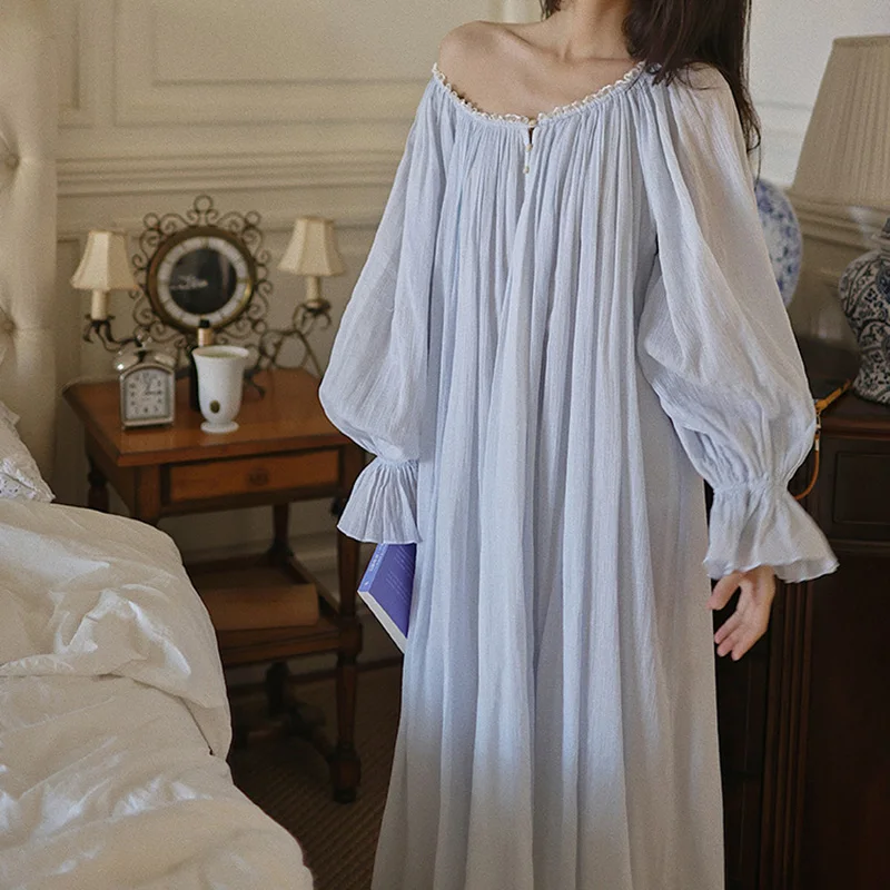Women 100% High Count Cotton Crepe French Style Retro Long Sleeved Nightgown for Spring and Autumn Sweet Princess Morning Gown