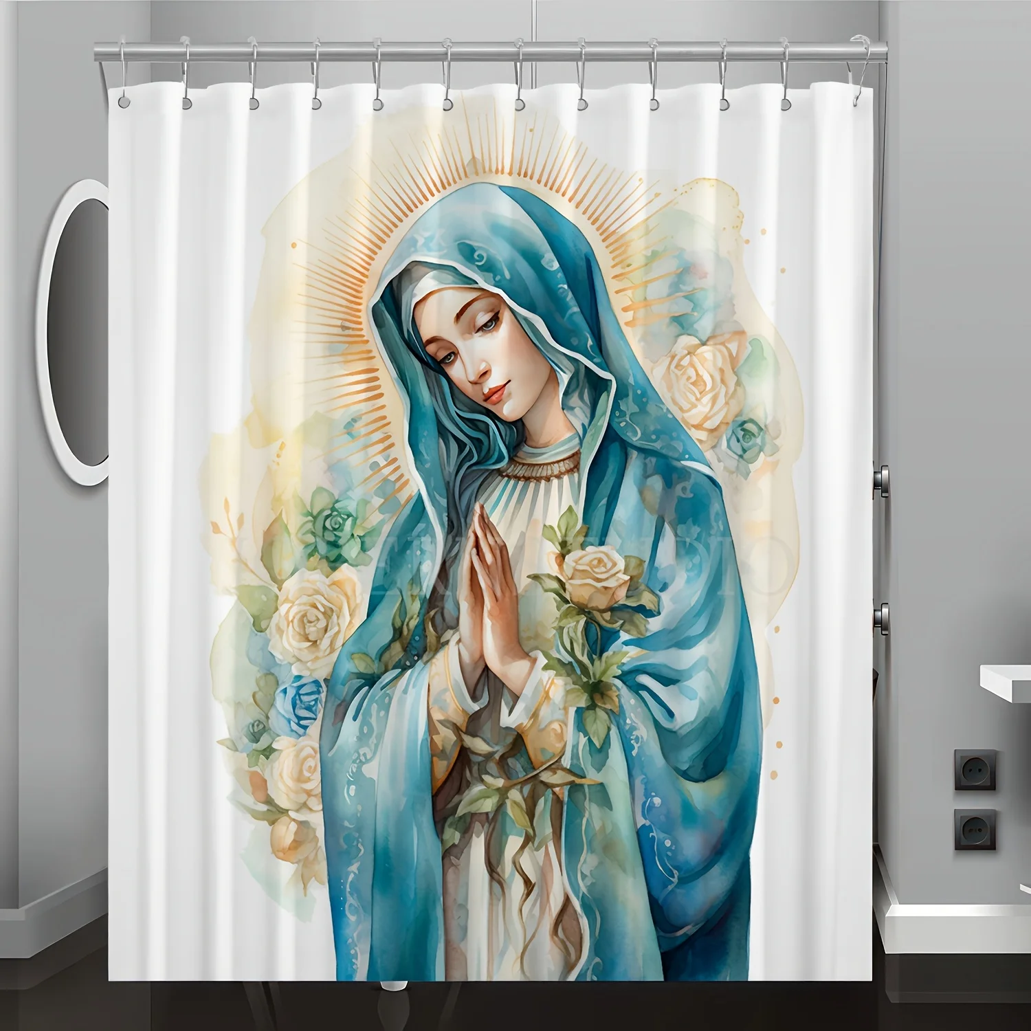 Virgin Mary Pattern Digital Print Shower Curtain - Machine Washable, Reversible Polyester,  All-Season Bathroom/Home Decor