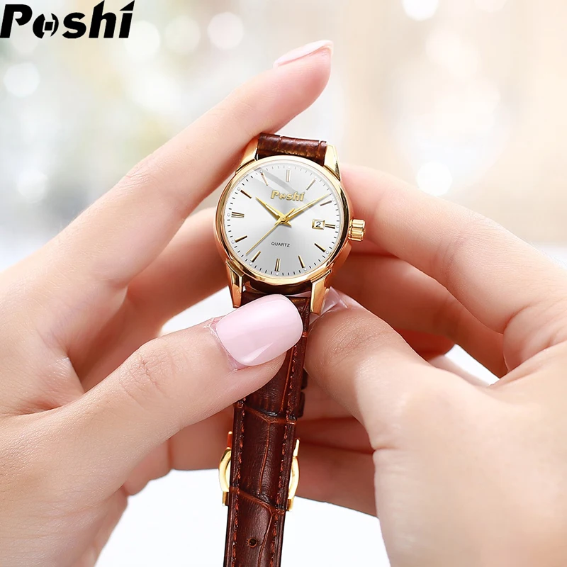 POSHI 953 Quartz Women\'s Watch Leather Strap Simple Ladies Dress Casual Bracelet Original Quartz Watches Date Display with Box