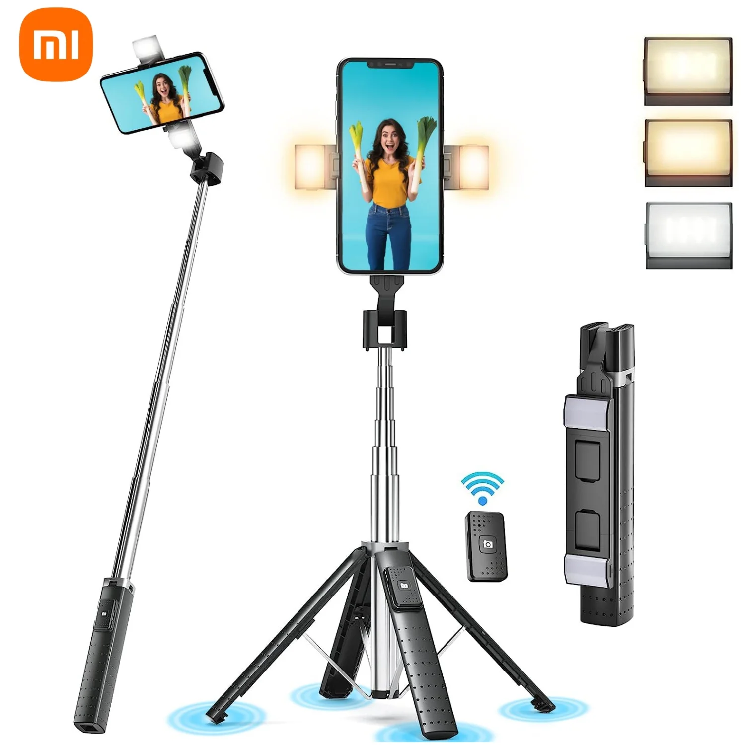 Xiaomi 41” Selfie Stick Quadrapod with Bluetooth Remote Stainless Steel 3 Light Modes Compatible for All IPhone & Android