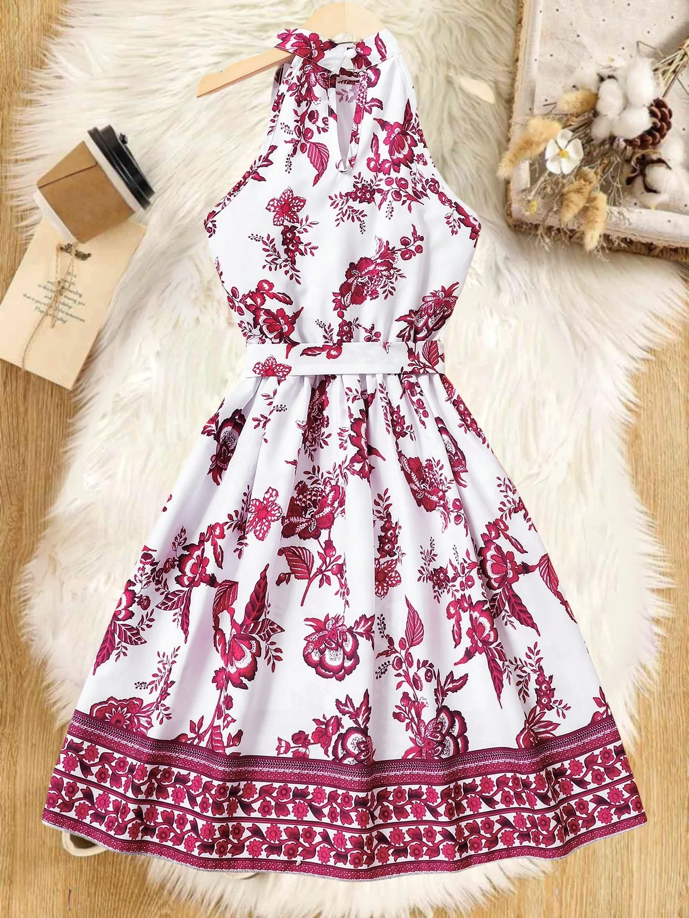 Girls summer floral dress: white background with red flower pattern, bow belt design, fresh and cute