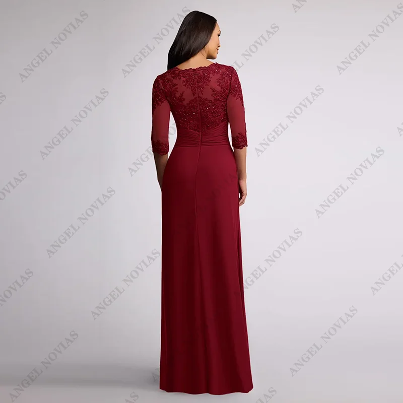 Customized Long Sheath Burgundy Mother of the Bride Dresses with Sleeves Wedding Party Dress vestidos de fiestas elegantes mujer