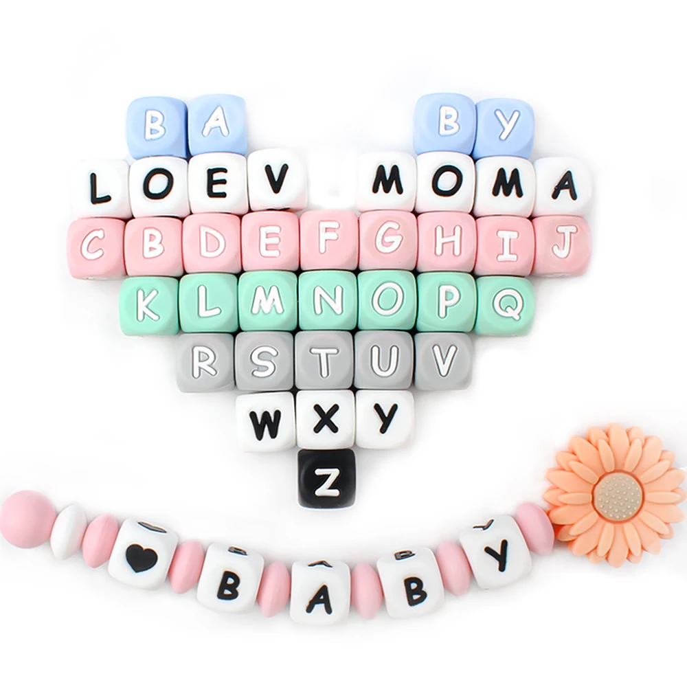 100pcs 12mm Letters Silicone Beads Pacifier Clips Alphabet DIY Personalized Name Chain Jewelry Accessories Making Food Grade