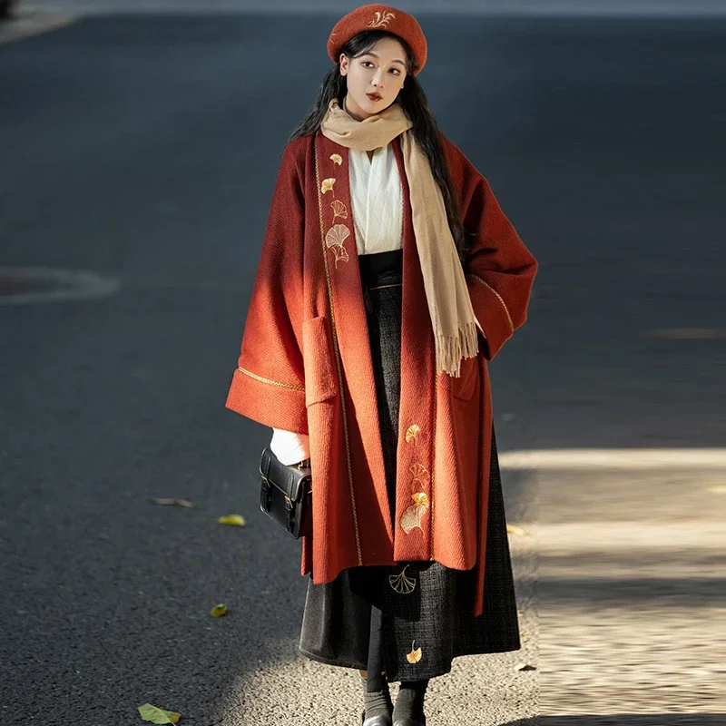 Maple Leaf Theme Chinese Style Hanfu Set Embroidery Song Dynasty Women Winter Red Woolen Coat Beige Shirt Black Spiral Skirt New