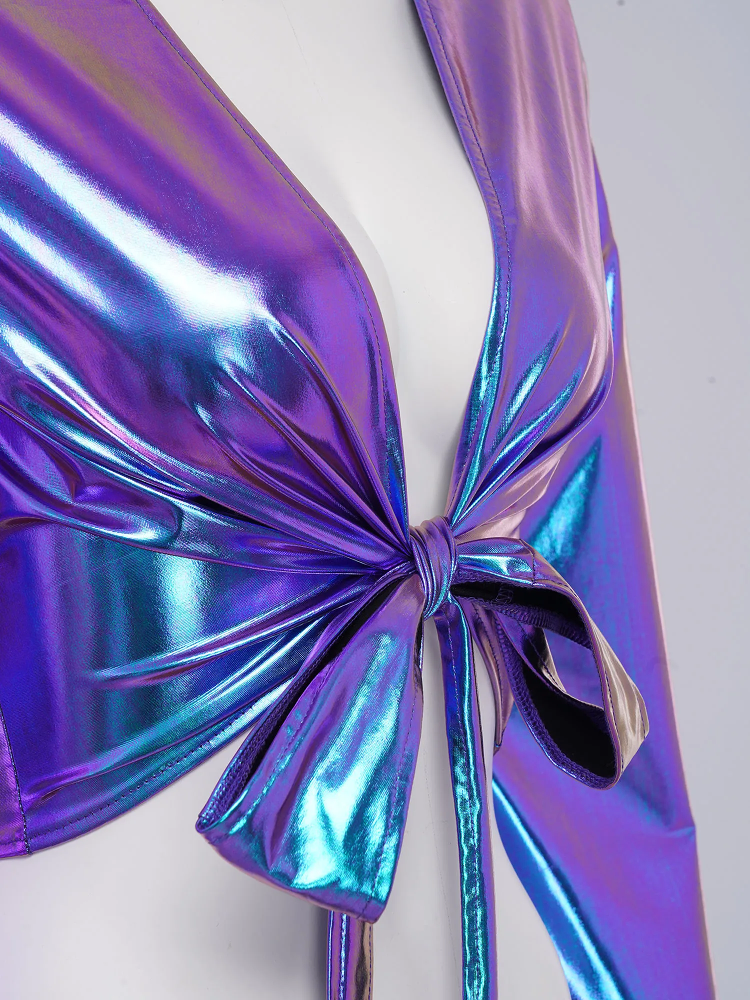 ملابس علوية نسائية عصرية برباط علوي ملفوف معدني ملابس حفلات الكرنفال وأكمام طويلة متوهجة غطاء علوي قصير لليوجا والتمارين والرقص #5