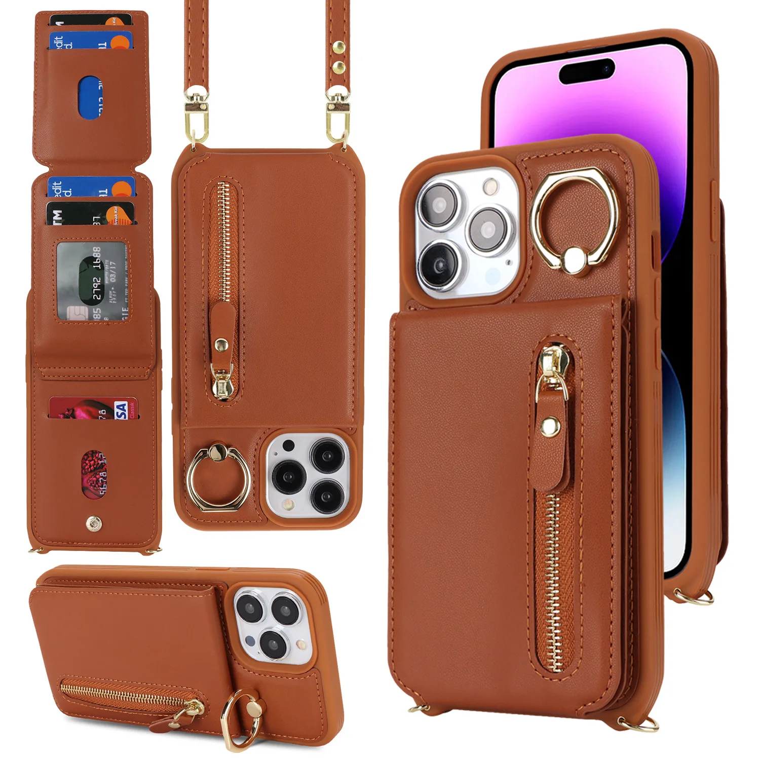 Apple Iphone 16 - حافظة هاتف بتصميم محفظة بسحاب لهاتف