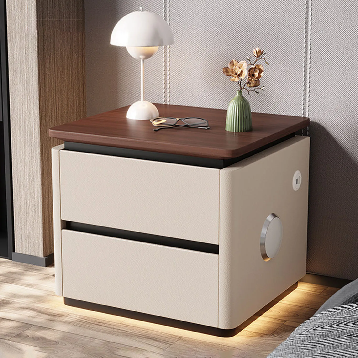 Wooden Top Bedside Table With Speaker Modern Home Use Lockable Bedside Table Lighted Creamy Leather Nightstand With Storage