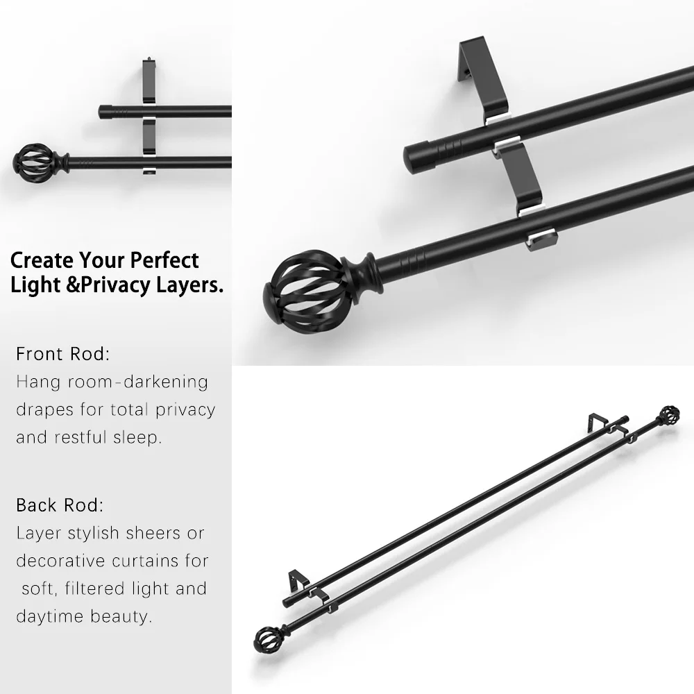 Black Double Curtain Rod with Hollow Spherical Decoration, Dual Track Design for Hanging Blackout Curtains + Sheer Curtains, Adjustable Length, Universal Metal Double-Layer Curtain Rod for Floor-To-Ceiling Windows in Living Room and Bedroom, Wall-Mounted Installation, Suitable for 1m, 2m, 3m Windows, International Fashion Style
